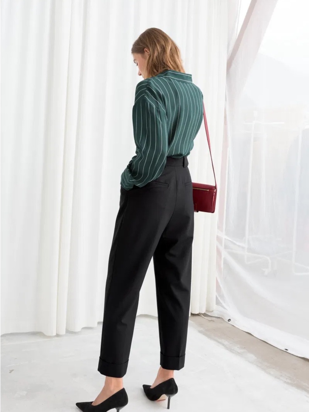 & Other Stories Dark Green Vertical-Stripe Button-Down Silk Shirt - Picture 8 of 8